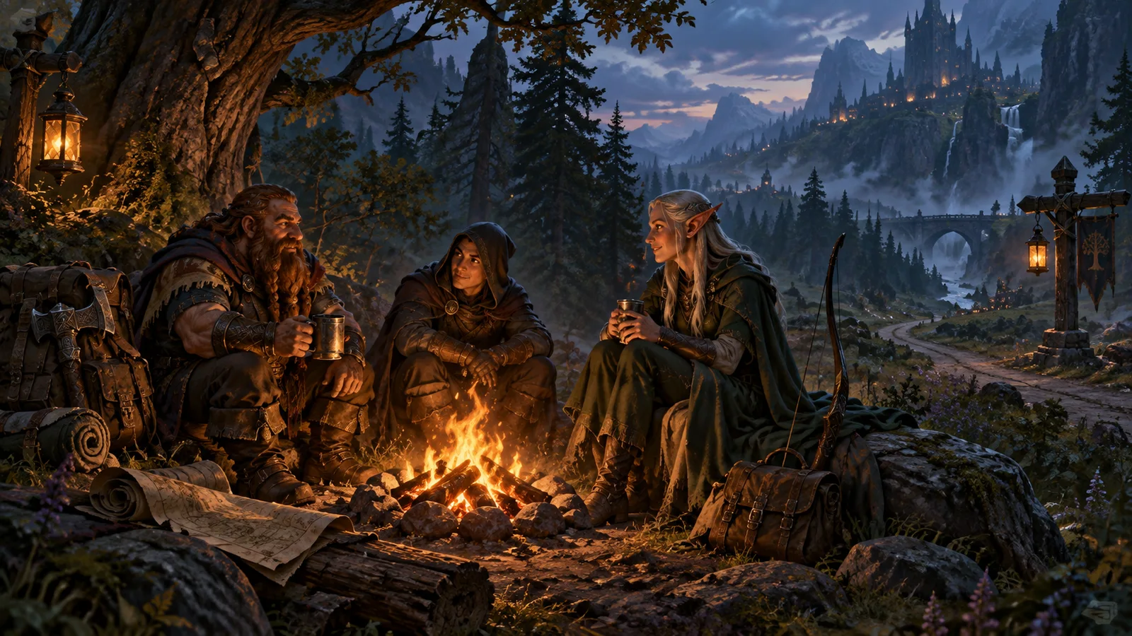 Three fantasy travelers sharing a woodland campfire at dusk