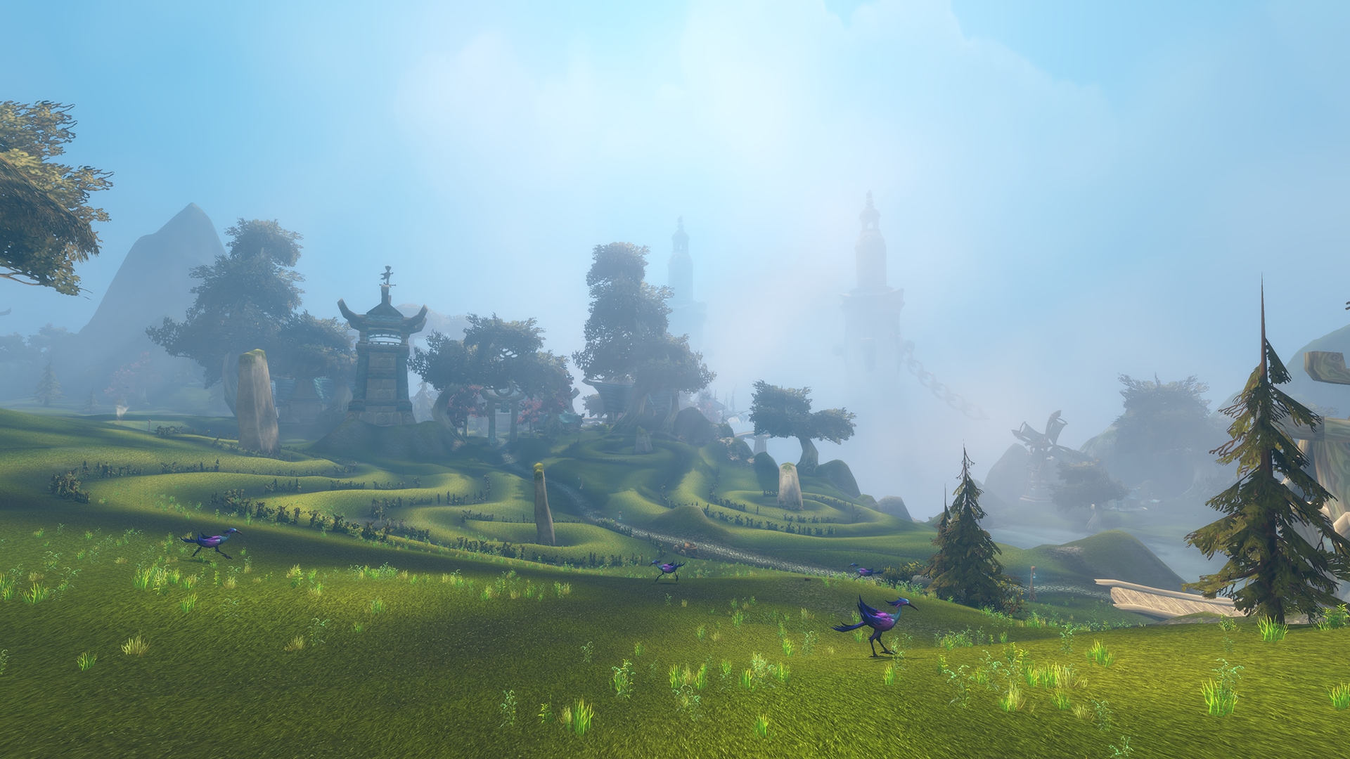 Mist hangs over Zephras Isle’s green hills and floating architecture.